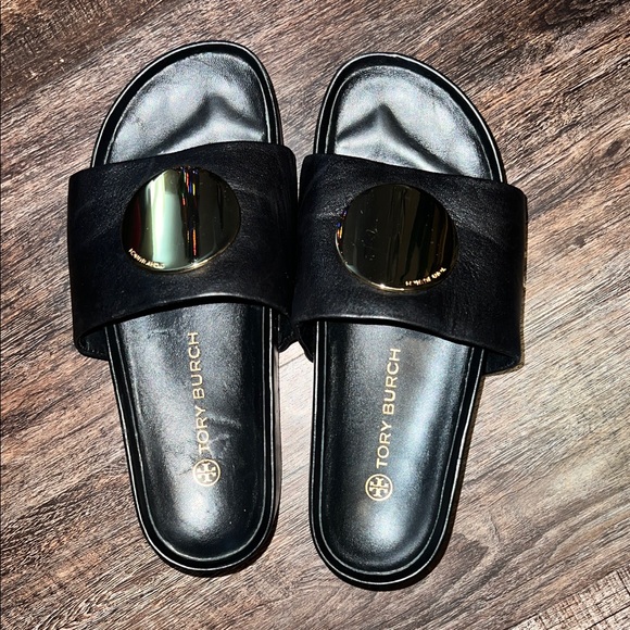 Tory Burch Black and Gold Wedges - Picture 2 of 9